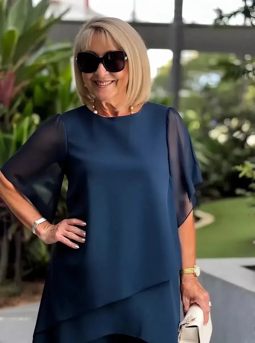 Navy Plain Round Neck Short Sleeve Two Piece Set