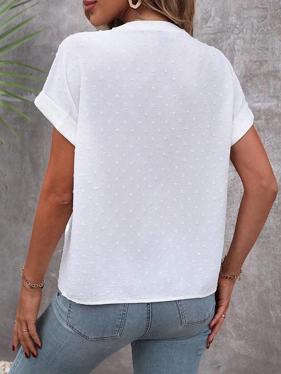 White Swiss Dot Button Down Short Sleeve TOP
