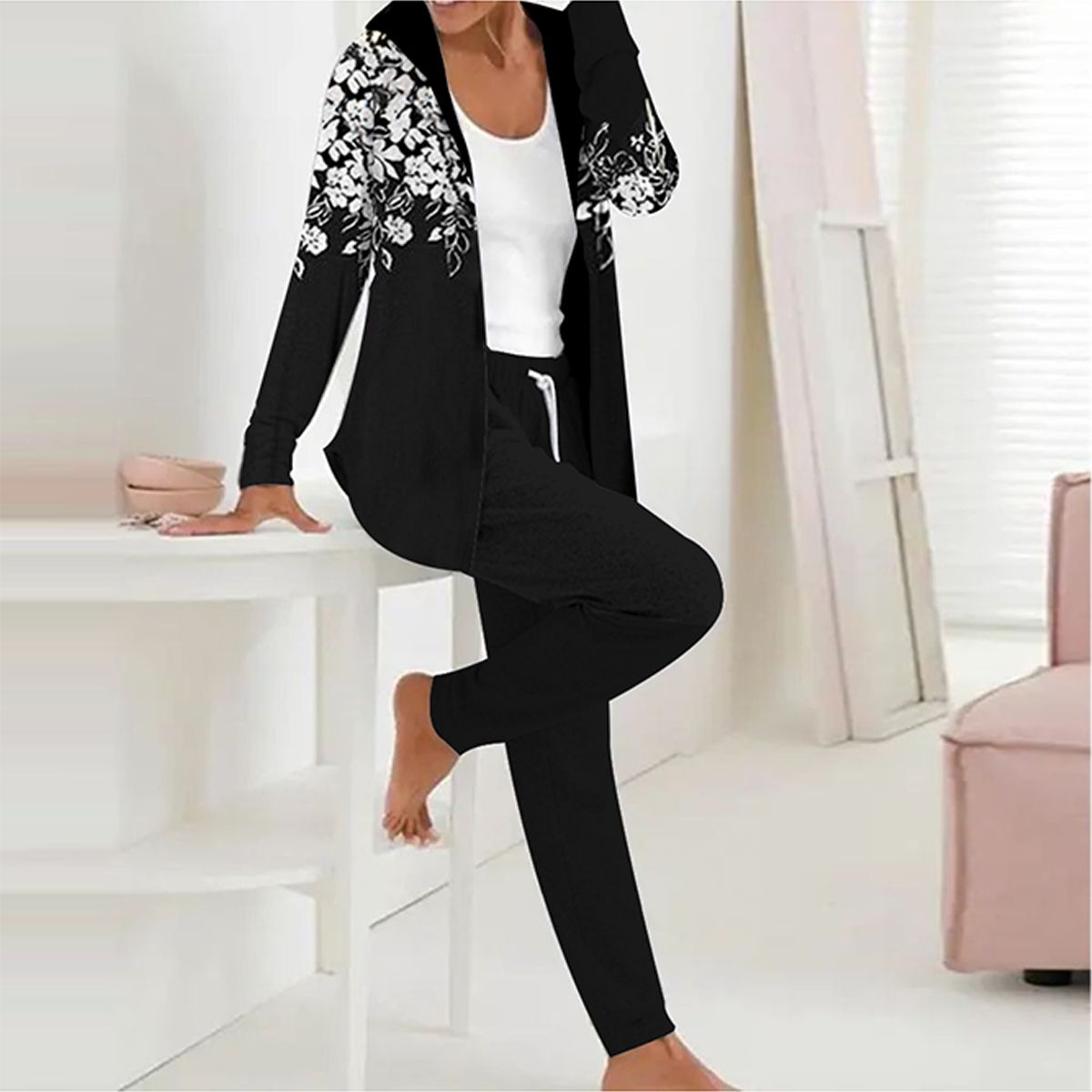 Chic Floral Print Hoodie Two Piece Set