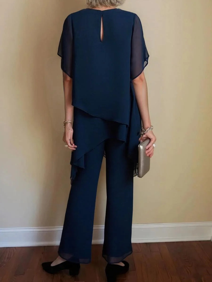 Navy Plain Round Neck Short Sleeve Two Piece Set