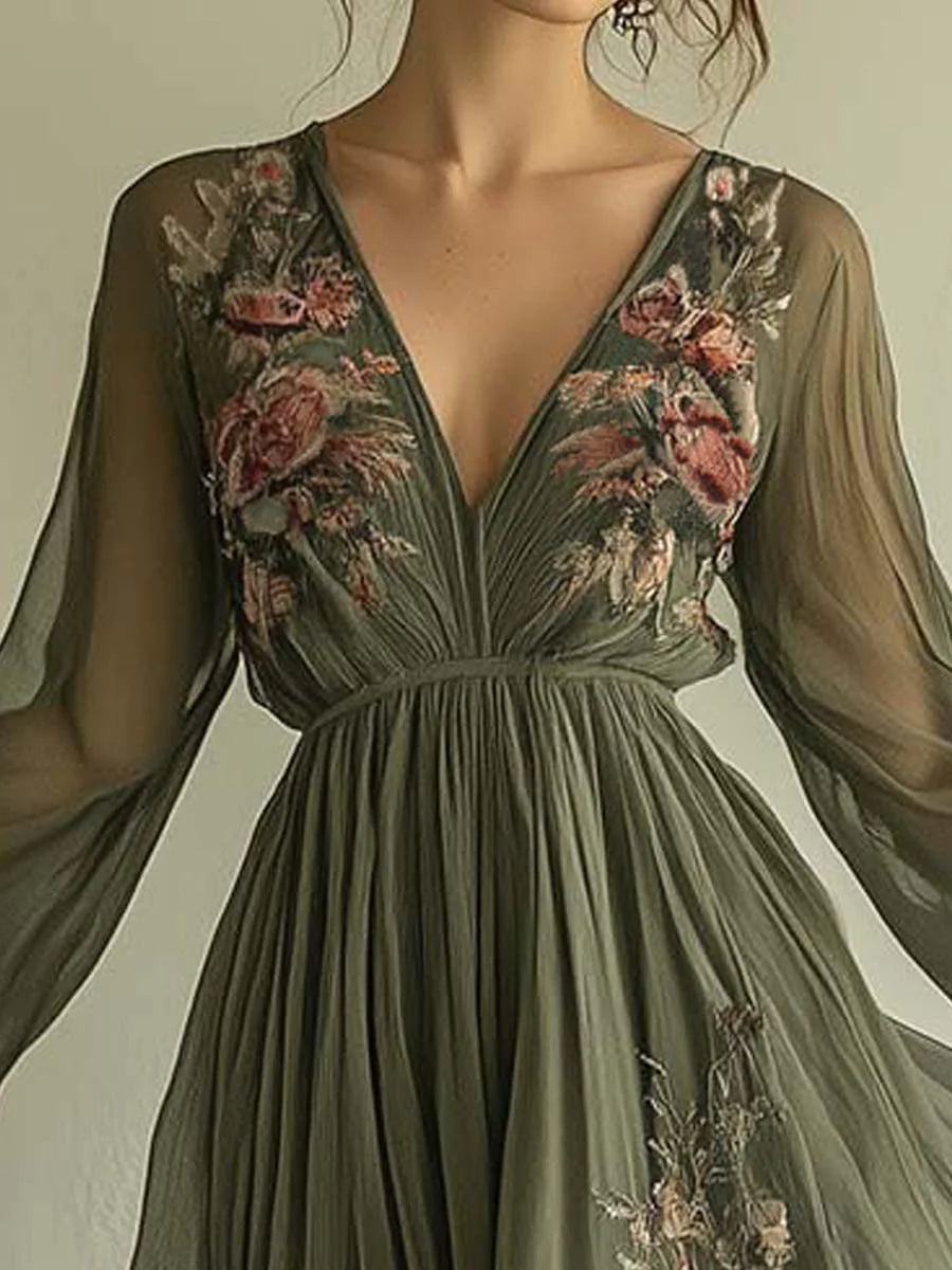 Popular Floral Print V-Neck Maxi Dress