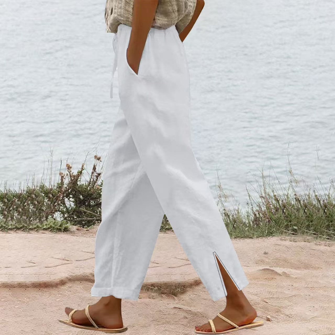 Casual White Plain Side Pocket Pants