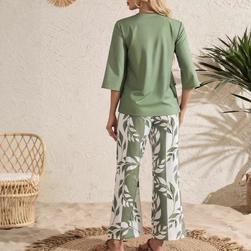 Green Ruffled Tiered Top and Pants Two Piece Set