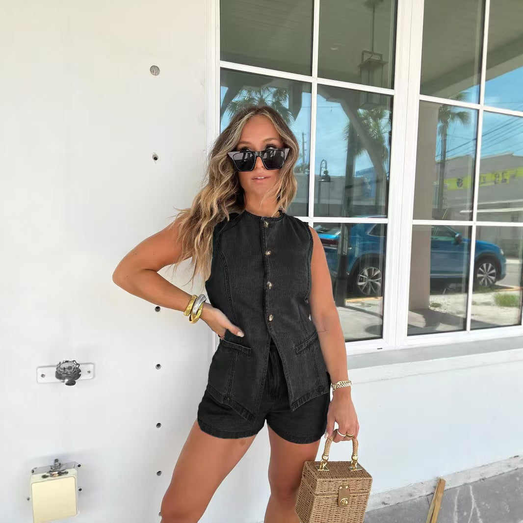 Popular Denim Peplum Vest With Shorts Set