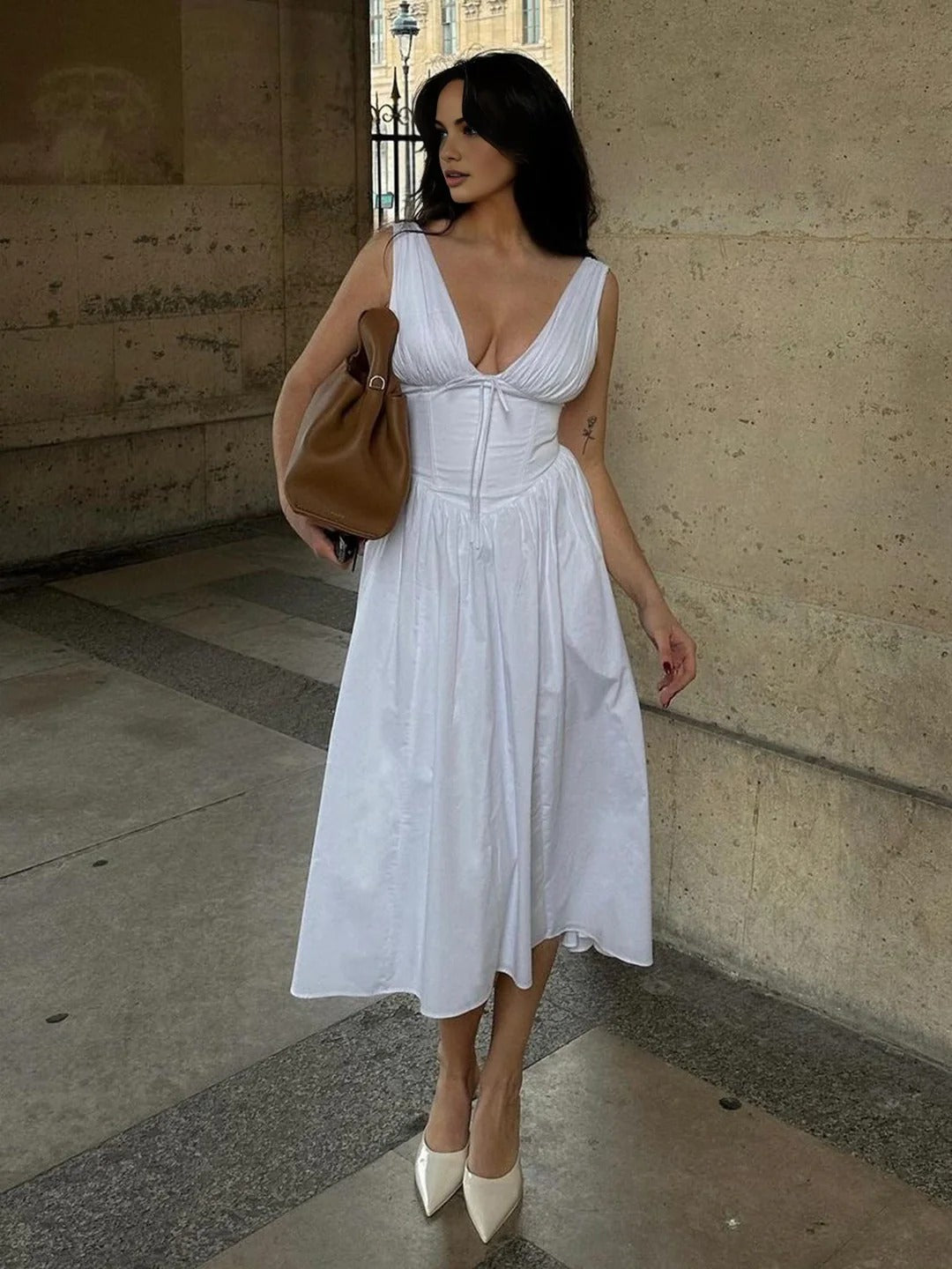 Casual White Plain Sleeveless Midi Dress