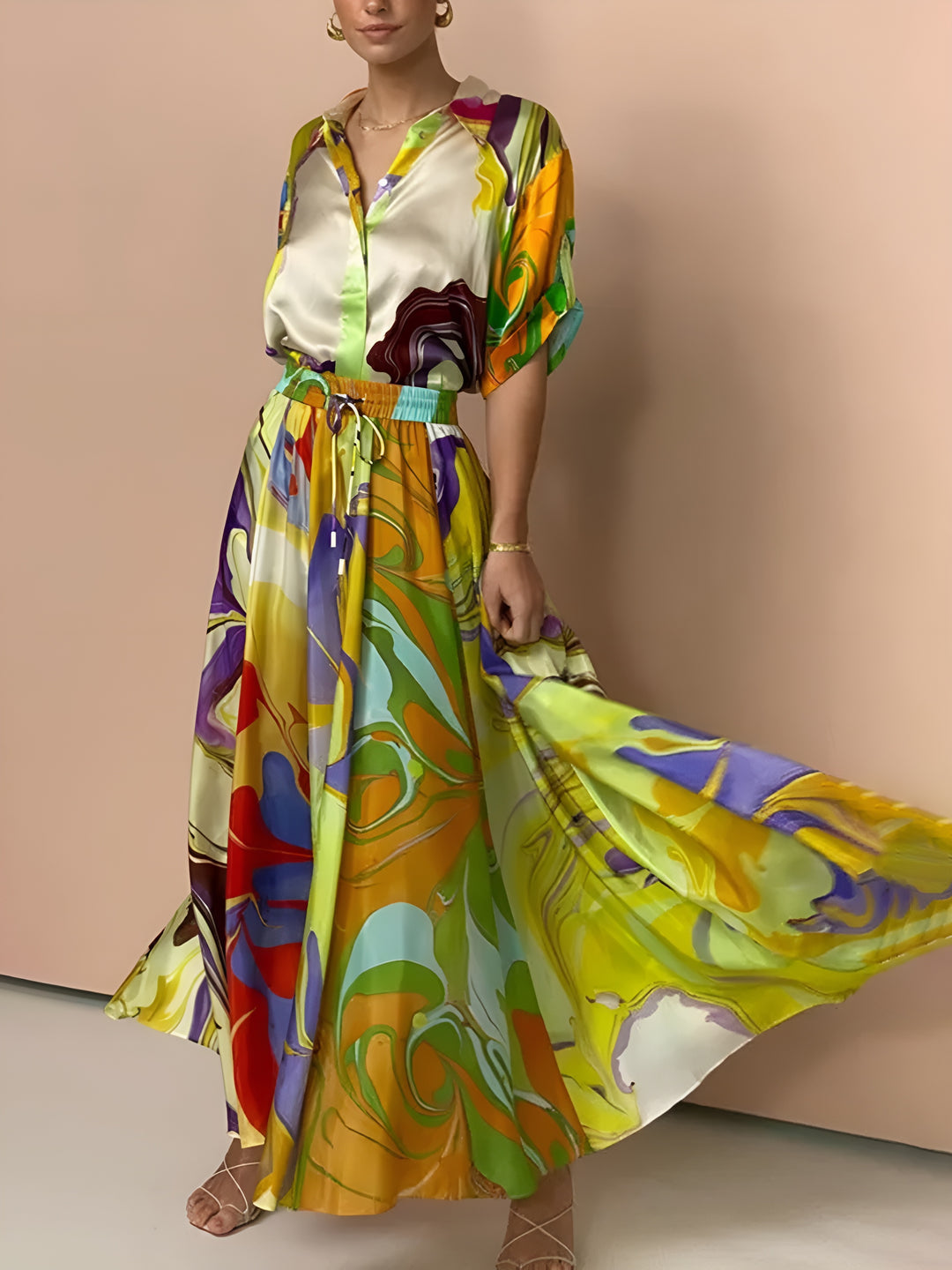 EIANRA™️ Satin Print Drawstring Skirt Set