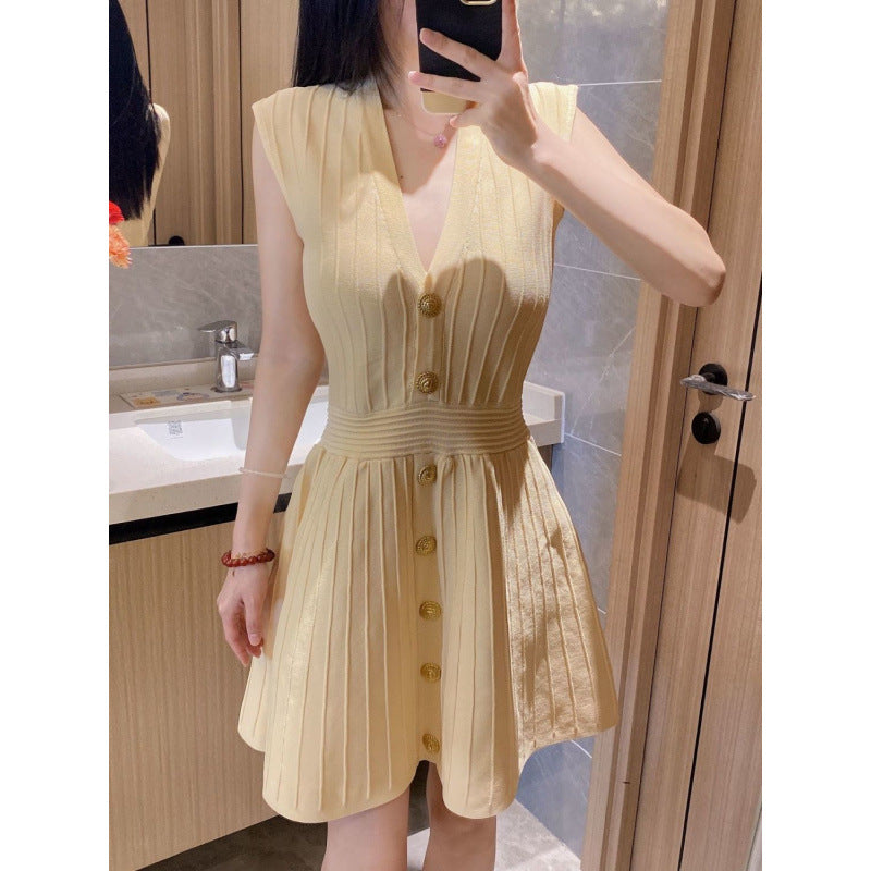 Elegant Socialite V Summer Waist-Cinching Slimming Belly-Covering Fashionable Knitted Sleeveless Dress