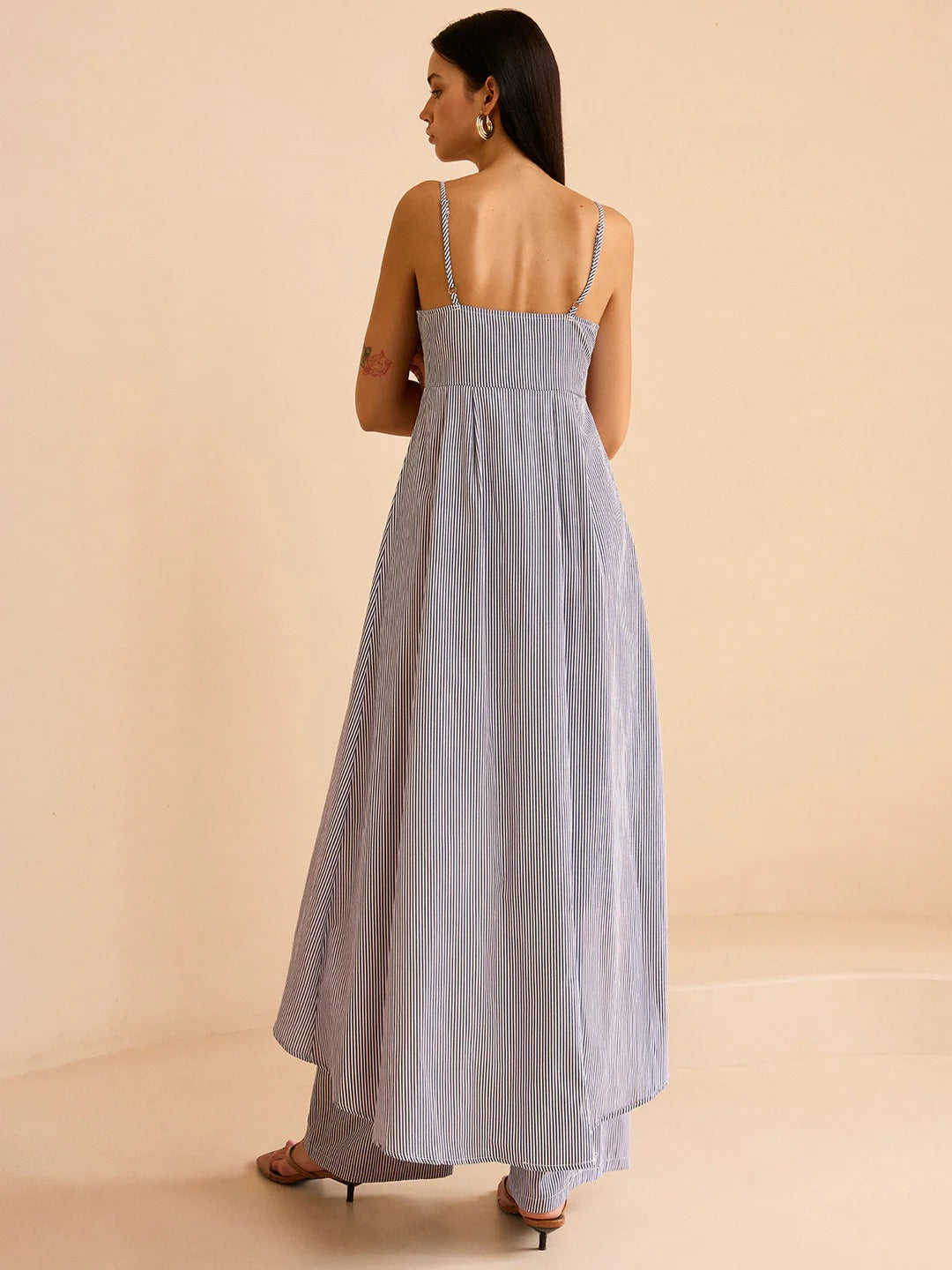 Fashion Striped Long Cami Top and Wide-Leg Pants Set