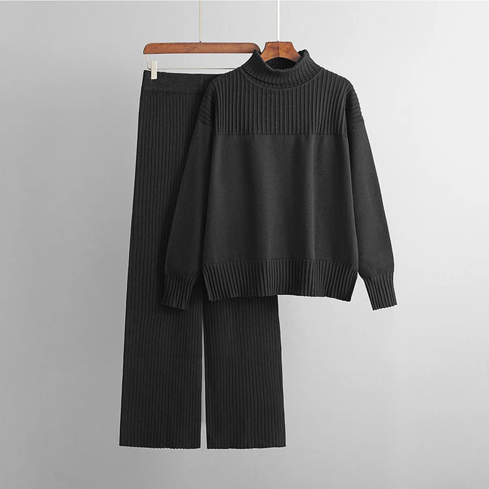 Fresh Dark Blue Plain Long Sleeve Two Piece Set