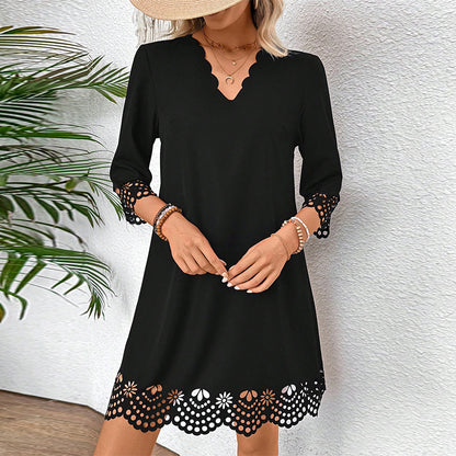 Hollow lace V-neck half sleeve dress