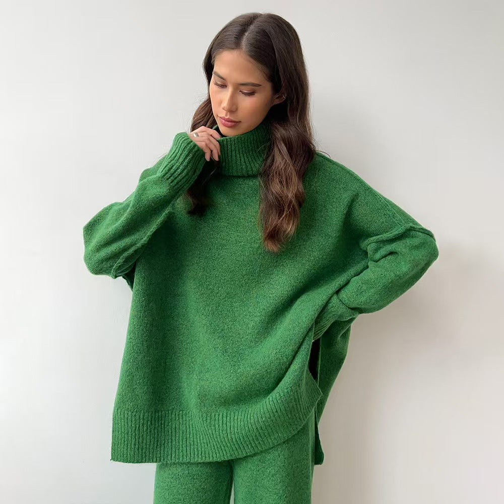 Plain Turtleneck Knit Pants Set