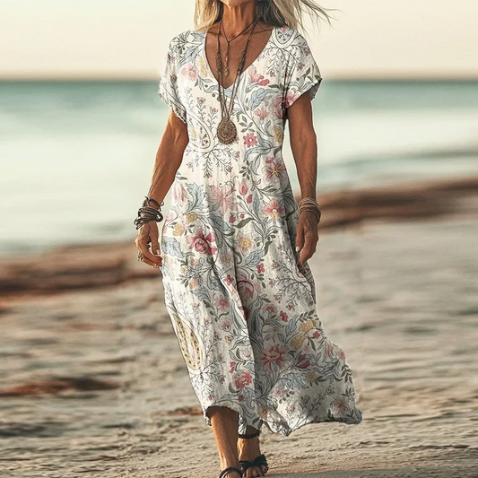 Fashion Plant Print Short Sleeve V-Neck Maxi Dress