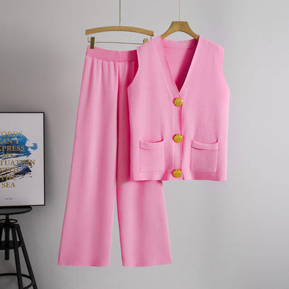 Summer New Fashion Two-Piece Set with Large Buttons V Collared Knitted Vest Casual Long Pants Knitted Set