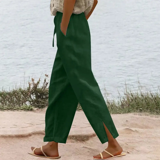Casual Green Plain Side Pocket Pants
