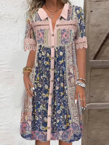 Sweet Short Sleeve Print Mini Dress