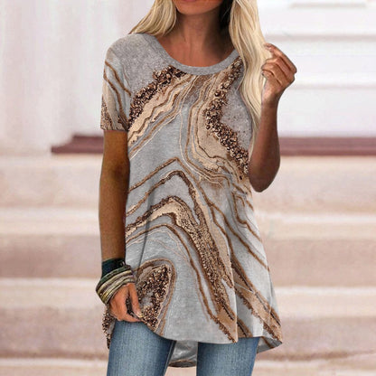 Fashion Round Neck Retro Print Short Sleeve Top