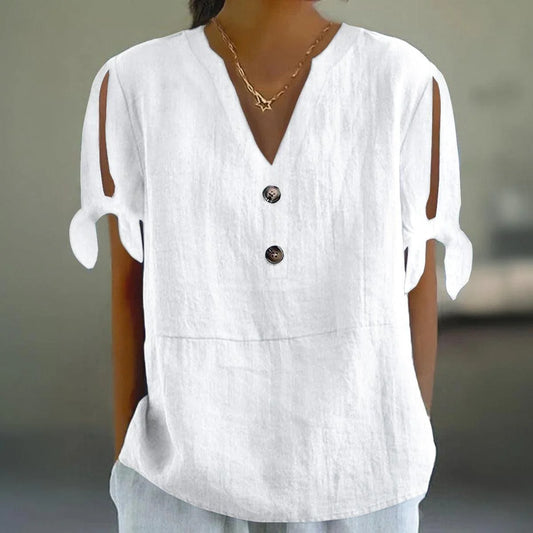 Summer White Plain Striped Print Split Sleeve Top