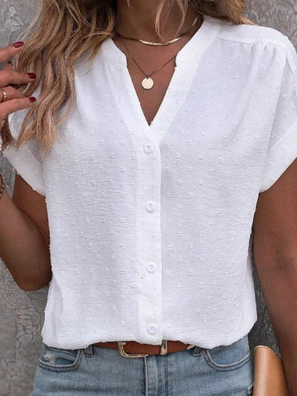 White Swiss Dot Button Down Short Sleeve TOP