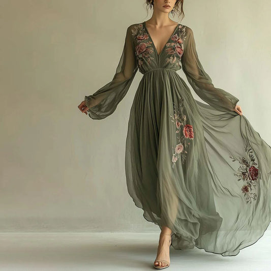 Popular Floral Print V-Neck Maxi Dress