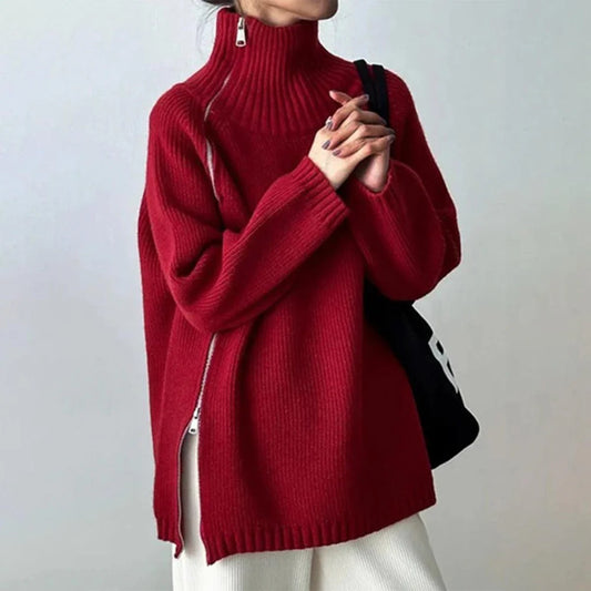 Fashion Red Plain High Neck Sweater