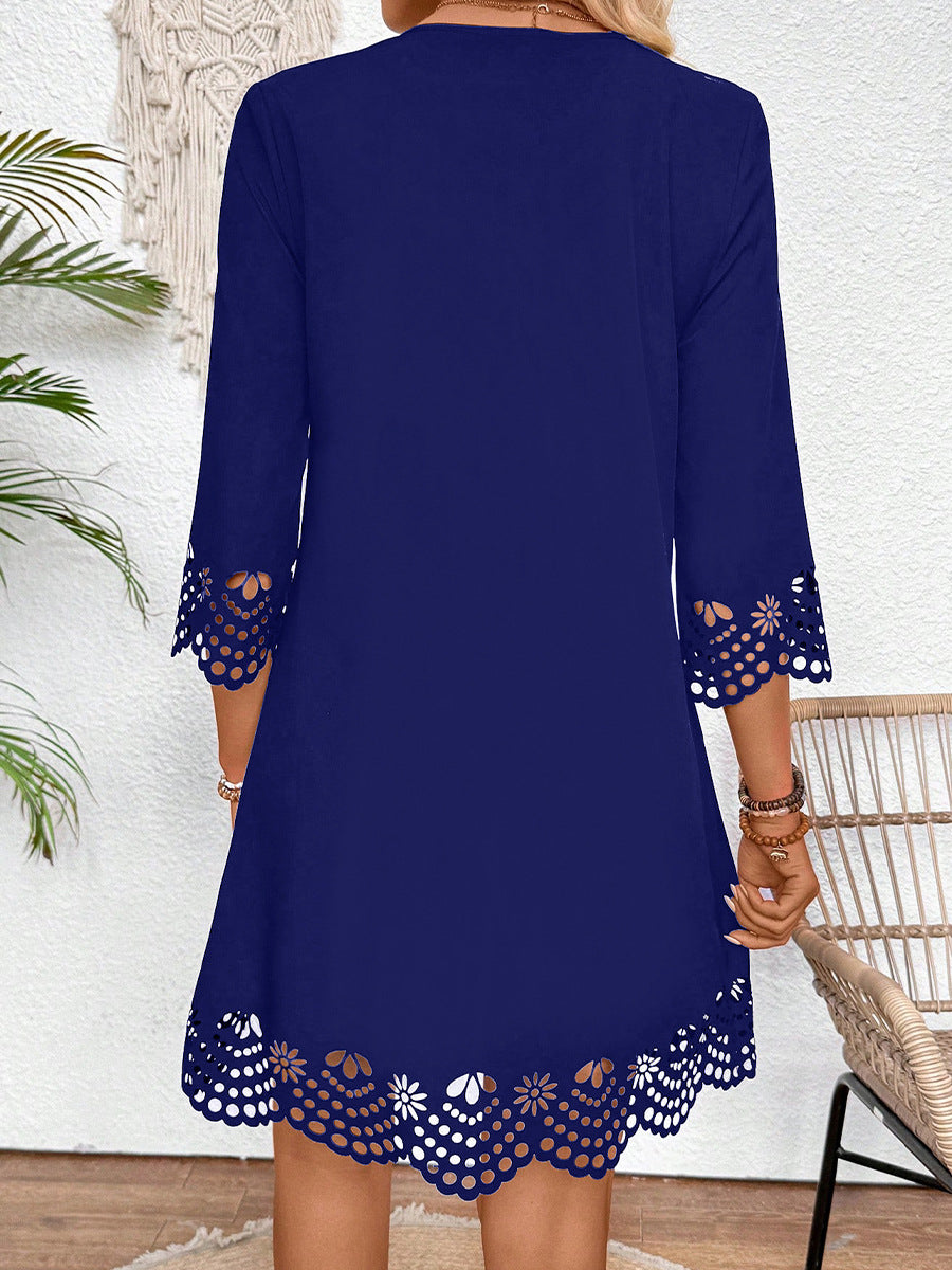 Hollow lace V-neck half sleeve dress