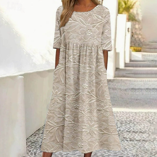 Apricot Basic Round Neck Short Sleeve Midi Dress