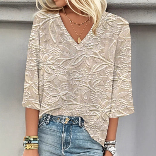Apricot V-Neck 3/4 Sleeve Top