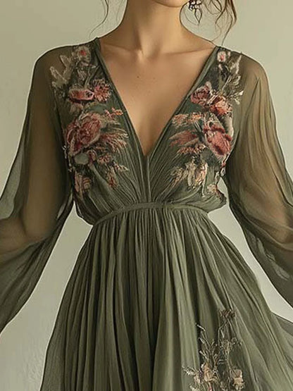 Popular Floral Print V-Neck Maxi Dress