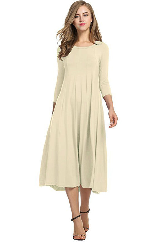 Round neck mid-length sleeve solid color swing dress