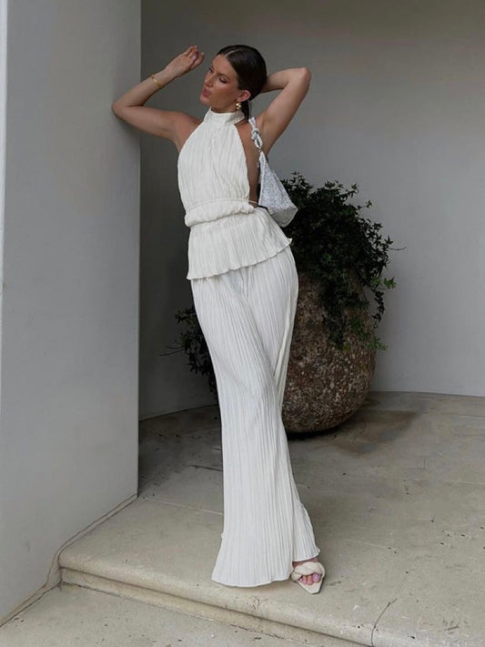 Halter Crop Top With Wide Leg Pants Set