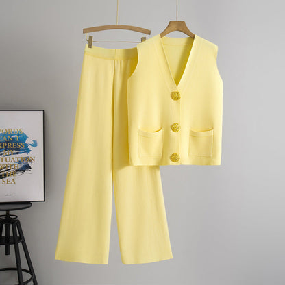Summer New Fashion Two-Piece Set with Large Buttons V Collared Knitted Vest Casual Long Pants Knitted Set