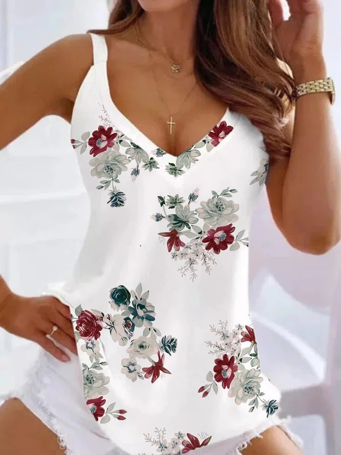 Summer Floral Print Deep V Neck Vest Top