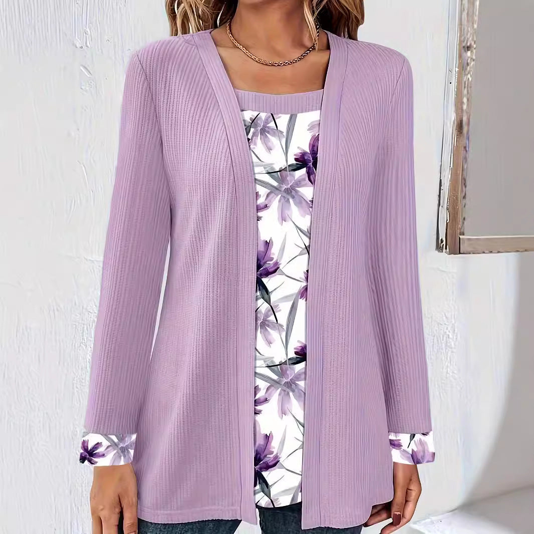 Printed Patchwork Fake Two-Piece Long Sleeve Set T T-shirt