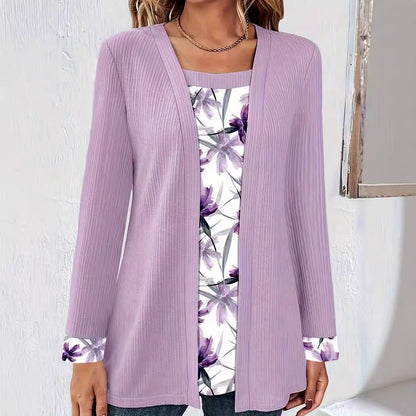 Printed Patchwork Fake Two-Piece Long Sleeve Set T T-shirt