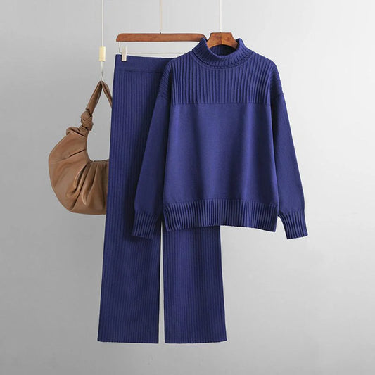 Fresh Dark Blue Plain Long Sleeve Two Piece Set