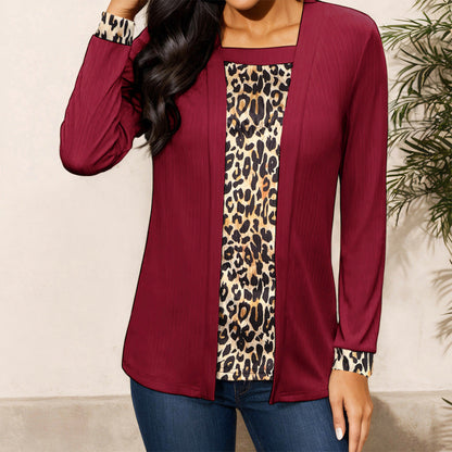 Leopard Print Fake Two-Piece Long Sleeve Top
