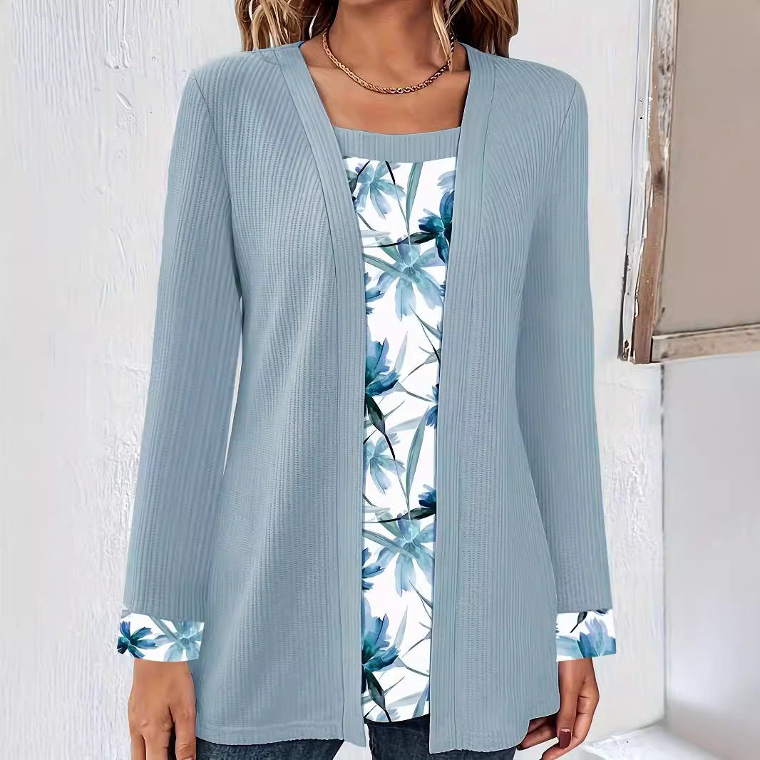 Printed Patchwork Fake Two-Piece Long Sleeve Set T T-shirt