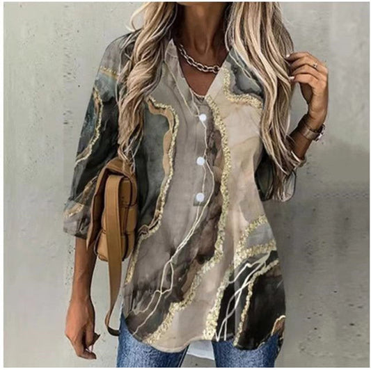 Popular Long Sleeve Turn-Down Collar Printed Top