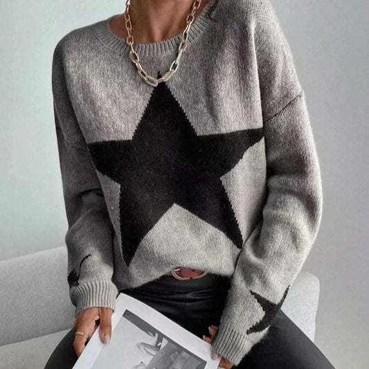 Fashion Large Single Star Gray Long Sleeve Sweater