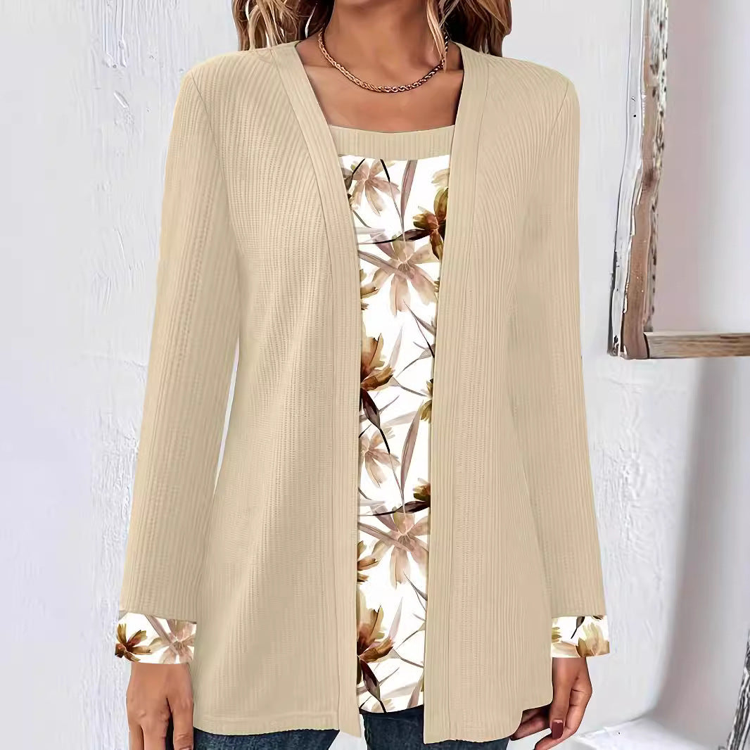 Printed Patchwork Fake Two-Piece Long Sleeve Set T T-shirt