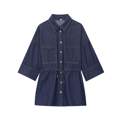 Popular Long Denim Shirt with Drawstring Waist