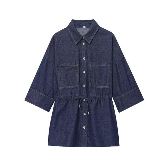 Popular Long Denim Shirt with Drawstring Waist