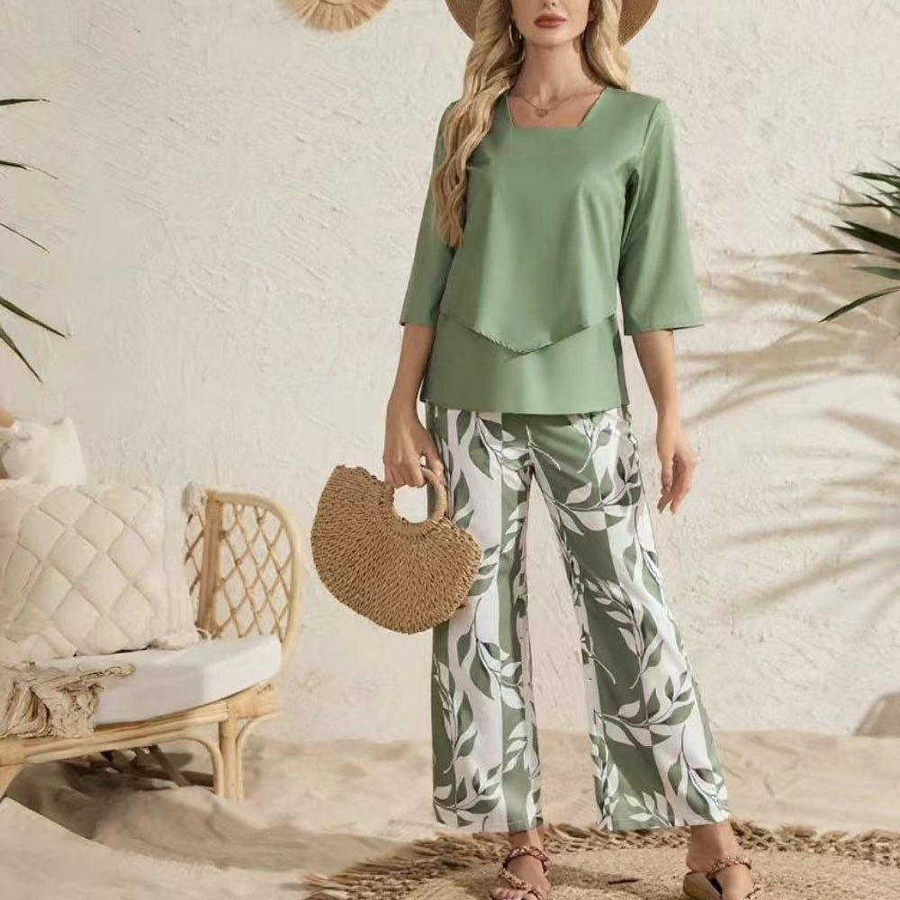 Green Ruffled Tiered Top and Pants Two Piece Set