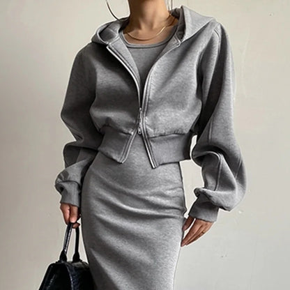 Popular Solid Long Sleeve Zip Crop Hoodie