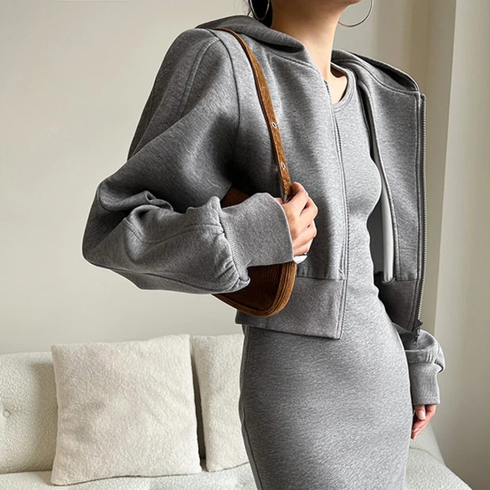 Popular Solid Long Sleeve Zip Crop Hoodie