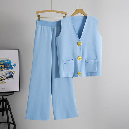 Summer New Fashion Two-Piece Set with Large Buttons V Collared Knitted Vest Casual Long Pants Knitted Set