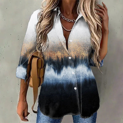 Popular Long Sleeve Turn-Down Collar Printed Top