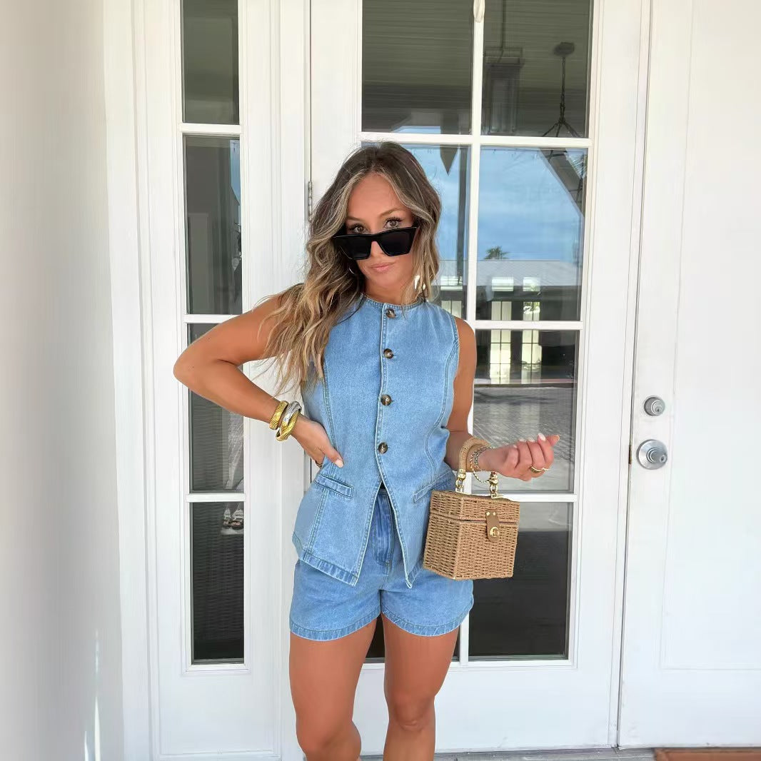 Popular Denim Peplum Vest With Shorts Set
