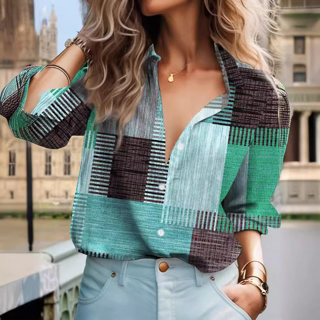 Women's Color Block Button Printed Long Sleeve Casual Retro Basic Top