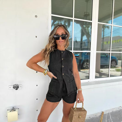 Popular Denim Peplum Vest With Shorts Set